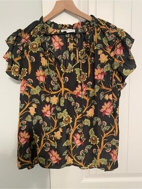 Rose & Olive Silky Grayish-Black Floral Ruffle Sleeve Tie-Neck Blouse